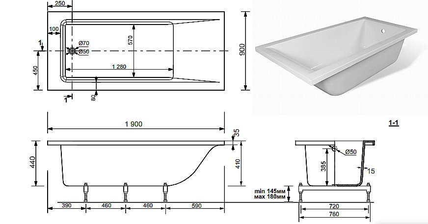Ванна Эстет Дельта 190х90 купить в интернет-магазине Sanbest