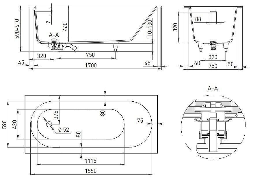 Ванна Salini ORNELLA КIТ S-Sense 170x75 102411M белая матовая купить в интернет-магазине Sanbest