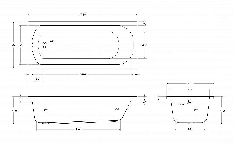 Ванна акриловая Cezares 175x75 ECO-175-75-41-W37 белая купить в интернет-магазине Sanbest
