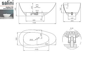 Ванна Salini PAOLA Up&Down S-Stone Solix 172х82 101512SMRH белая/снаружи RAL  матовая купить в интернет-магазине Sanbest