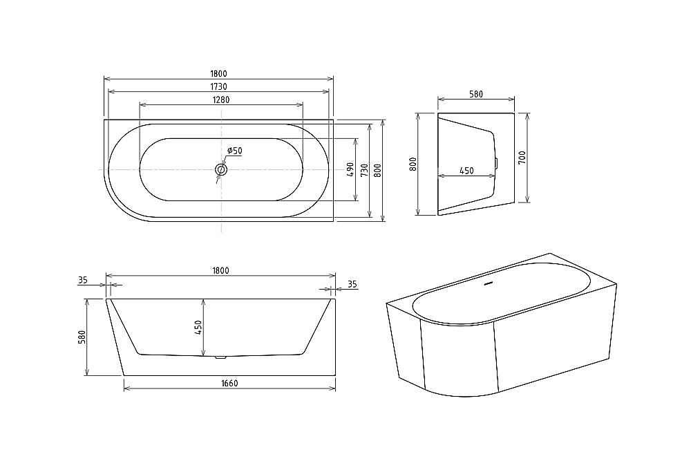 Акриловая ванна Royal Bath RIVA RB610312-GD 180х80 белый купить в интернет-магазине Sanbest