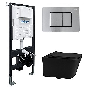 Унитаз подвесной Abber Rechteck AC1201MB-AC0105-AC0120MCH черный матовый, безободковый, с инсталляцией, с крышкой микролифт, с кнопкой хром матовый купить в интернет-магазине Sanbest