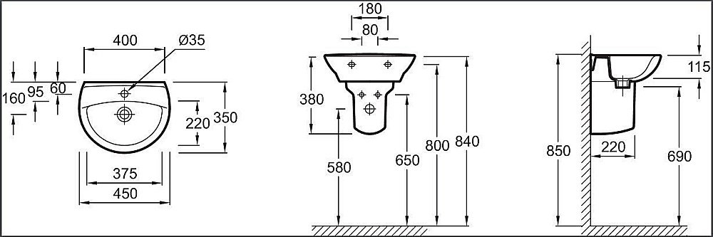 Раковина на полупьедестале Jacob Delafon PATIO 45 E4144-00+19087-00 белая купить в интернет-магазине Sanbest