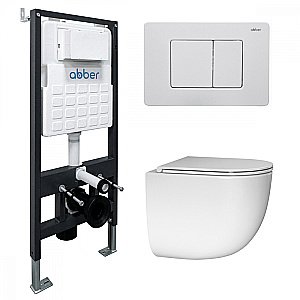 Унитаз подвесной ABBER Bequem AC1132TC-AC0105-AC0120MW белый/кнопка белая матовая, с крышкой микролифт, с инсталляцией, безободковый, слив-торнадо купить в интернет-магазине Sanbest