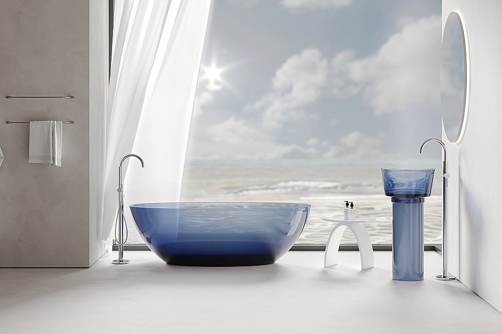 Раковина отдельностоящая прозрачная ABBER Kristall AT2702Saphir синяя купить в интернет-магазине Sanbest