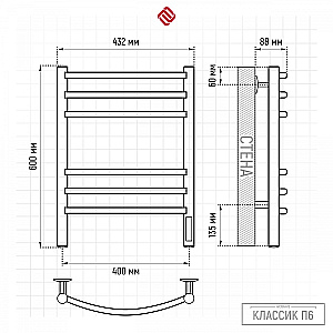 Полотенцесушитель электрический TERMINUS Классик П6 400х600 4670078578716 графит купить в интернет-магазине сантехники Sanbest