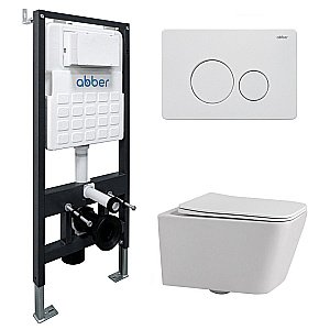Унитаз подвесной Abber Rechteck AC1201-AC0105-AC0121MW белый, безободковый, с инсталляцией, с крышкой микролифт, с белой матовой кнопкой купить в интернет-магазине Sanbest