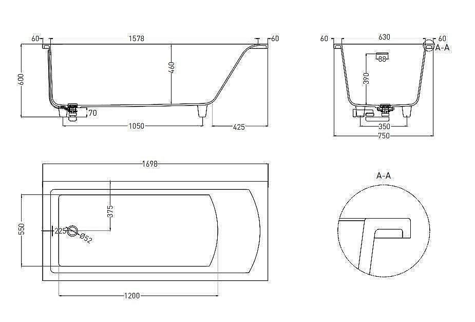 Ванна Salini Cascata S-Stone 170х75 104323M белая матовая купить в интернет-магазине Sanbest