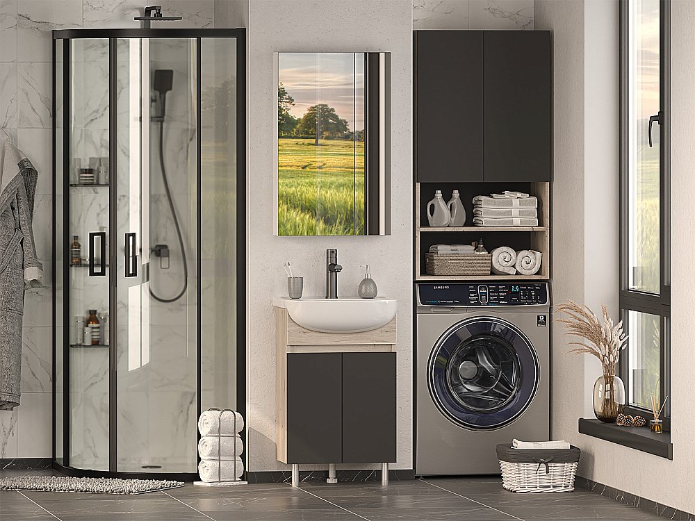 Тумба с раковиной Misty Поло - 50 О-Пол07060-0142ДП светлое дерево/графит для ванной в интернет-магазине Sanbest