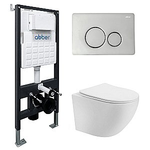 Унитаз подвесной Abber Bequem AC1100T-AC0105-AC0121 белый, безободковый, с инсталляцией, с крышкой микролифт, слив-торнадо, с кнопкой хром купить в интернет-магазине Sanbest