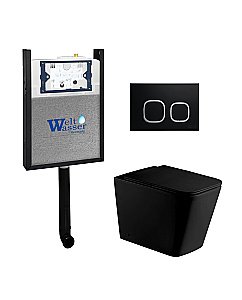 Комплект унитаза WeltWasser AMBERG 404 + GELBACH 002 MT-BL + AMBERG RD-BL черный матовый, безободковый, с крышкой микролифт, с бачком скрытого монтажа и черной кнопкой купить в интернет-магазине Sanbest