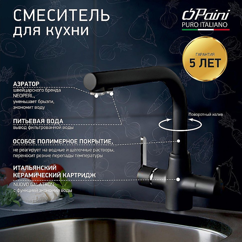 Смеситель для кухни PAINI Arena 92446433VE7B90DALMKM черный купить в интернет-магазине сантехники Sanbest