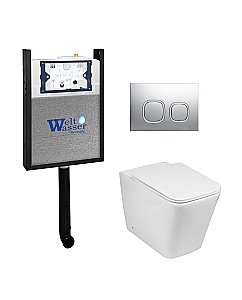 Комплект унитаза WeltWasser AMBERG 404 + GELBACH 002 GL-WT + AMBERG RD-CR белый глянцевый, безободковый, с крышкой микролифт, с бачком скрытого монтажа и кнопкой хром глянцевый купить в интернет-магазине Sanbest