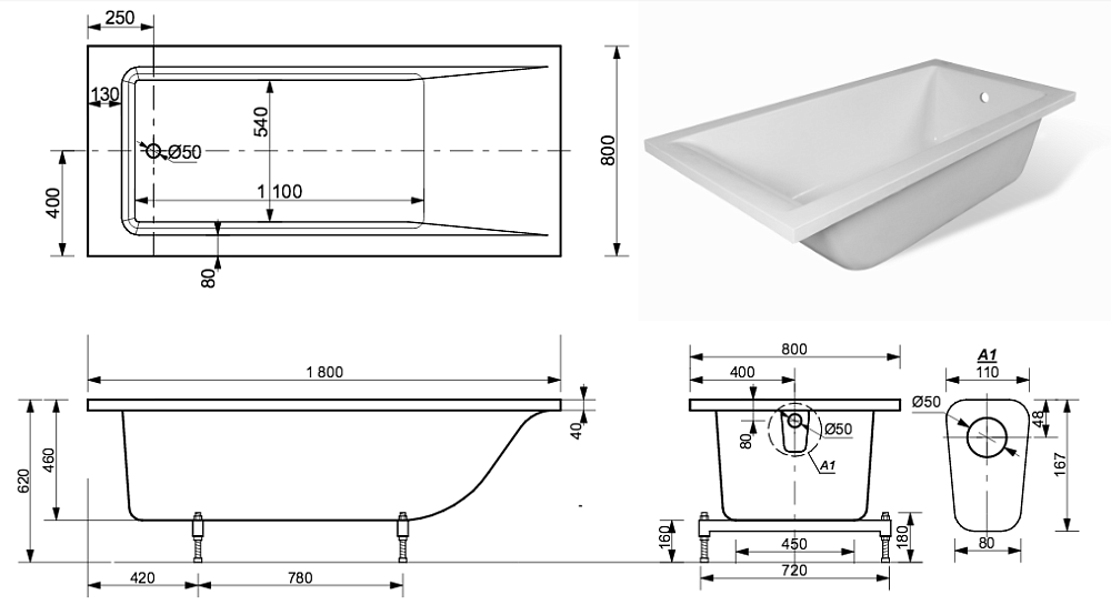 Ванна Эстет Дельта 180x80 белая купить в интернет-магазине Sanbest