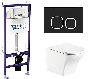 Унитаз подвесной WeltWasser BAMBERG 460+ODENBACH 004 GL-WT+BAMBERG BL белый глянцевый, безободковый, с крышкой микролифт, с инсталляцией и черной кнопкой купить в интернет-магазине Sanbest