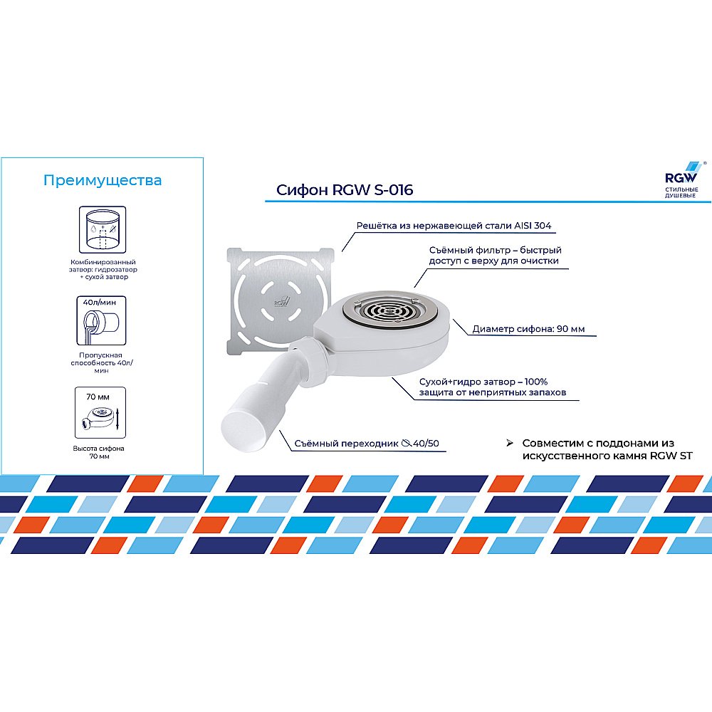 Сифон для поддонов RGW S-016 хром купить в интернет-магазине сантехники Sanbest