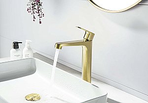 Смеситель для раковины Aquatek Оберон AQ1204BG 240 золото шлифованное, без донного клапана купить в интернет-магазине сантехники Sanbest