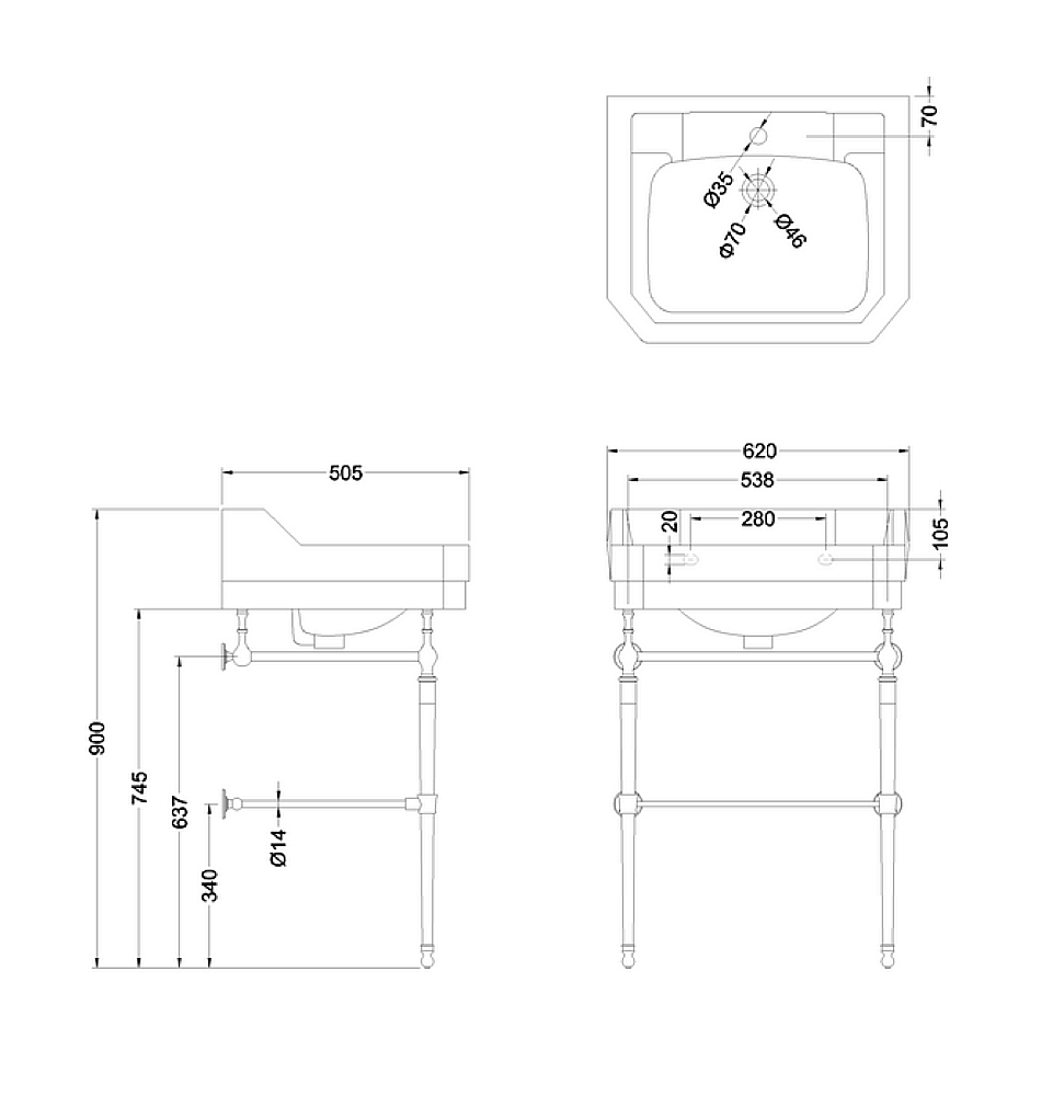 Консоль с раковиной Burlington Edwardian B5 1TH золото для ванной в интернет-магазине сантехники Sanbest