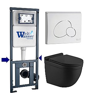 Унитаз подвесной WeltWasser MARBERG 410 + HEIMBACH 043 MT-BL + MAR 410 RD GL-WT черный матовый, безободковый, с крышкой микролифт, слив-торнадо, с инсталляцией и белой кнопкой купить в интернет-магазине Sanbest