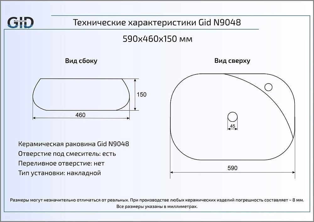 Раковина накладная Gid N9048 Белый купить в интернет-магазине Sanbest