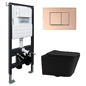 Унитаз подвесной Abber Rechteck AC1201MB-AC0105-AC0120RG черный матовый, безободковый, с инсталляцией, с крышкой микролифт, с кнопкой золото розовое купить в интернет-магазине Sanbest