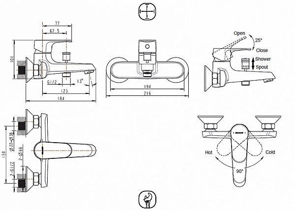 Смеситель для ванны BRAVAT Alfa F6120178CP-01 купить в интернет-магазине сантехники Sanbest