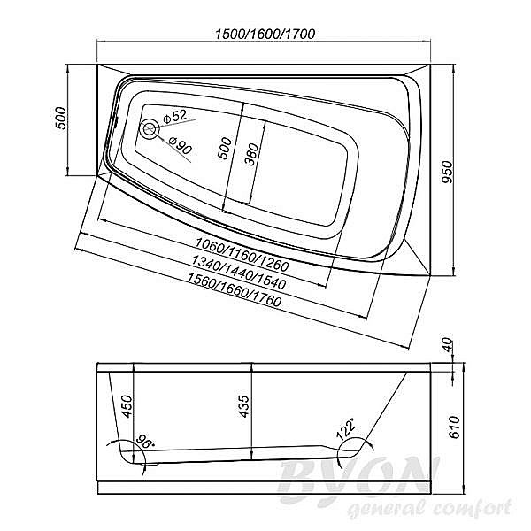 Ванна акриловая Byon Della Ц0000162 170х95 купить в интернет-магазине Sanbest