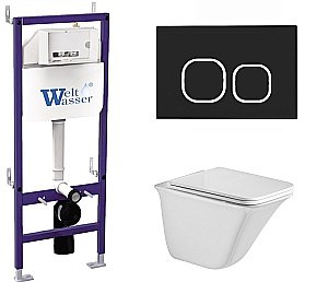 Унитаз подвесной WeltWasser BAMBERG 460+ROTBACH 004 GL-WT+BAMBERG BL белый глянцевый, безободковый, с крышкой микролифт, с инсталляцией и черной кнопкой купить в интернет-магазине Sanbest