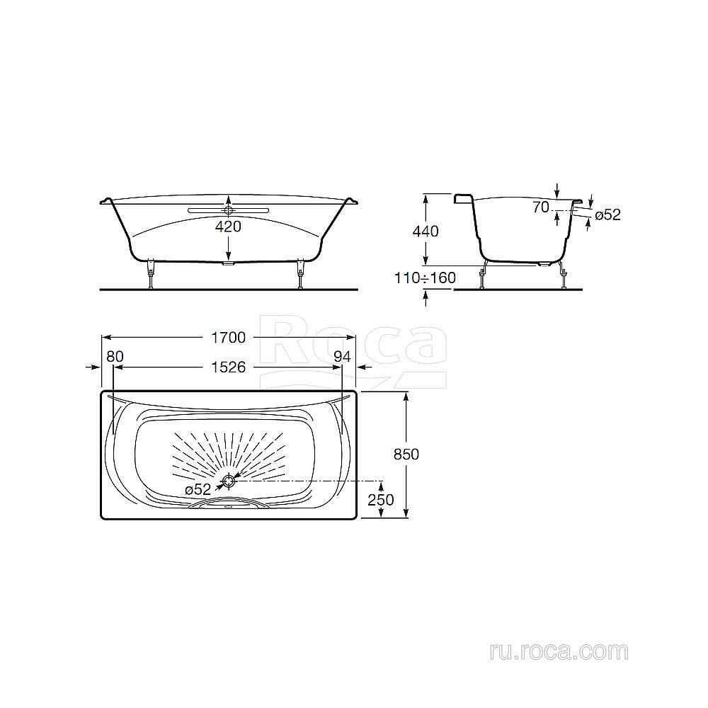 Ванна Roca Akira 2325G000R 170х85 купить в интернет-магазине Sanbest