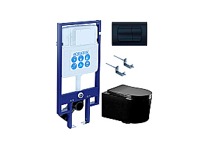 Унитаз подвесной Aquatek МИЯ AQ2004-MB+INS-0000020+KDI-0000049+KKI-0000002 черный матовый, безободковый, с крышкой микролифт, с инсталляцией, с черной матовой кнопкой купить в интернет-магазине Sanbest