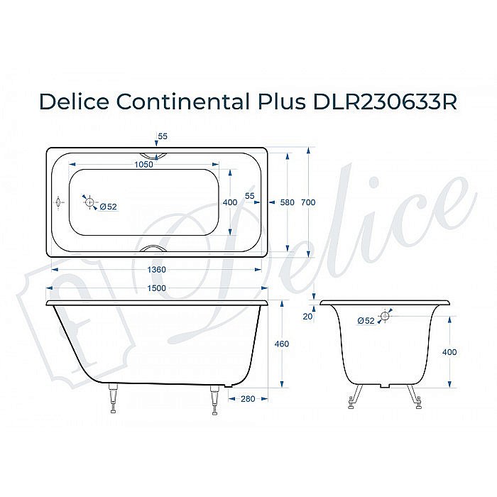 Ванна чугунная Delice Continental PLUS Elite DLR230633R 150х70 белая купить в интернет-магазине Sanbest