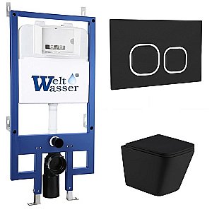 Унитаз с инсталляцией WeltWasser BAMBERG 545+GELBACH 043 GL-BL+BAMBERG BL черный/кнопка черная, безободковый, с крышкой микролифт, слив торнадо купить в интернет-магазине Sanbest