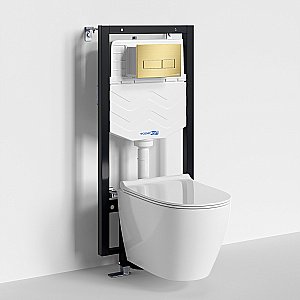 Унитаз подвесной WasserKRAFT Mindel 56TLT.010.ME.MG03.H002 безободковый, с инсталляцией Vils 56, с крышкой микролифт, белый/кнопка золото матовое купить в интернет-магазине Sanbest