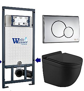 Унитаз подвесной WeltWasser MARBERG 507 + HEIMBACH 043 MT-BL + MAR 507 RD-CR черный матовый, безободковый, с крышкой микролифт, слив-торнадо, с инсталляцией и кнопкой хром глянцевый купить в интернет-магазине Sanbest