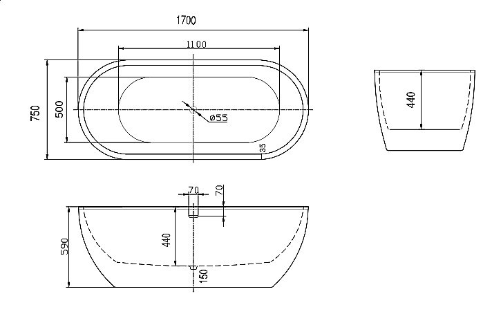 Ванна акриловая отдельностоящая Art&Max 170x75 белая купить в интернет-магазине Sanbest