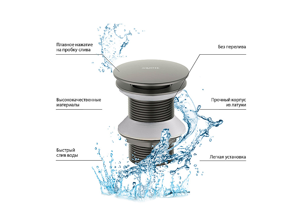 Донный клапан Aquatek AQ6003BGM оружейная сталь купить в интернет-магазине сантехники Sanbest
