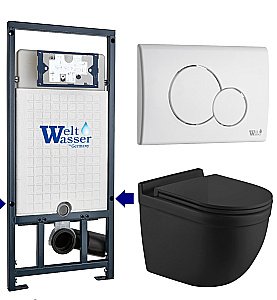 Унитаз подвесной WeltWasser MARBERG 507 + HEIMBACH 043 MT-BL + MAR 507 RD GL-WT черный матовый, безободковый, с крышкой микролифт, слив-торнадо, с инсталляцией и белой кнопкой купить в интернет-магазине Sanbest