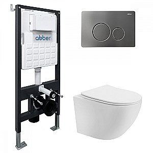 Унитаз подвесной Abber Bequem AC1100T-AC0105-AC0121NG белый, безободковый, с инсталляцией, с крышкой микролифт, слив-торнадо, с кнопкой никель купить в интернет-магазине Sanbest