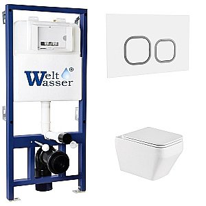 Унитаз с инсталляцией WeltWasser BAMBERG 525+HOFBACH 041 GL-WT+BAMBERG WT белый/кнопка белая, безободковый, с крышкой микролифт, слив торнадо купить в интернет-магазине Sanbest