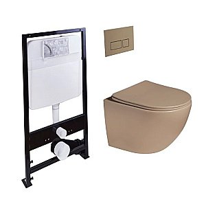 Унитаз подвесной с инсталляцией SantiLine SL-5005T-KH+SL-01/KH светло-коричневый матовый/кнопка светло-коричневая матовая, безободковый, с крышкой микролифт, слив торнадо купить в интернет-магазине Sanbest