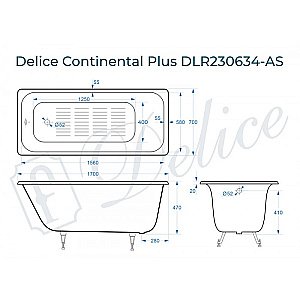 Ванна чугунная Delice Continental PLUS Elite DLR230634-AS 170х70 белая купить в интернет-магазине Sanbest