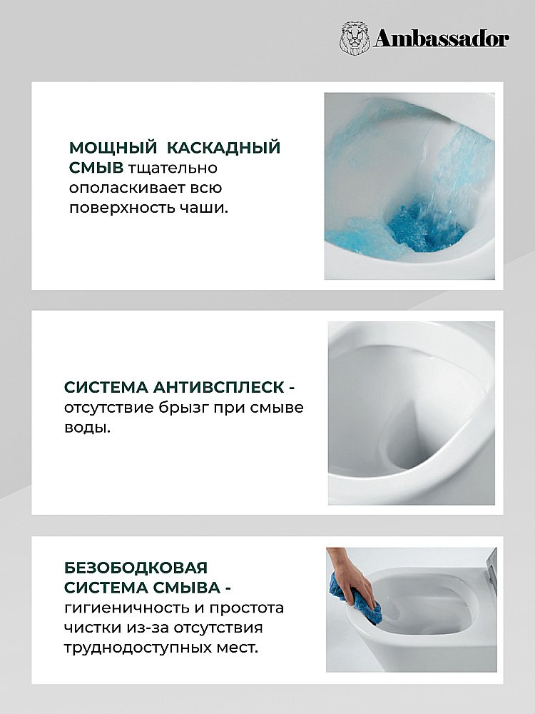 Унитаз подвесной Ambassador Royal 263K19002RS безободковый, с крышкой микролифт, белый купить в интернет-магазине Sanbest