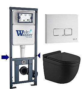 Унитаз подвесной WeltWasser MARBERG 410 + HEIMBACH 043 MT-BL + MAR 410 SE GL-WT черный матовый, безободковый, с крышкой микролифт, слив-торнадо, с инсталляцией и белой кнопкой купить в интернет-магазине Sanbest