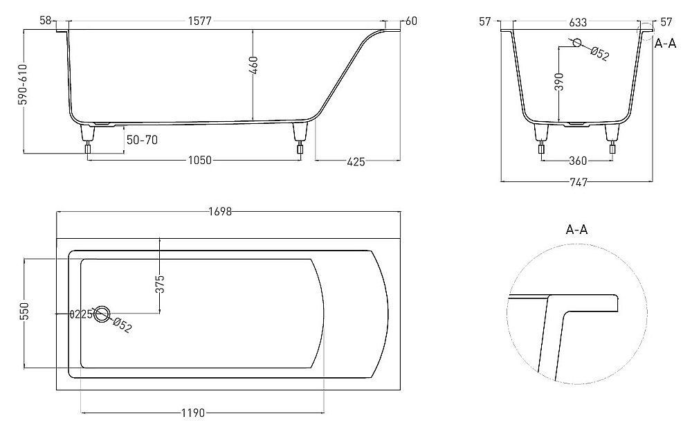 Ванна Salini Cascata S-Stone 170x75 104123MF RAL матовая купить в интернет-магазине Sanbest