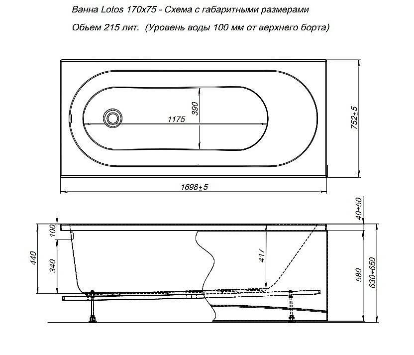 Акриловая ванна Aquanet Lotos 309624 170x75 купить в интернет-магазине Sanbest