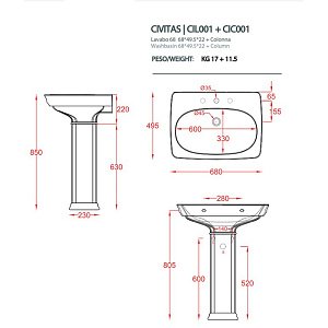 Раковина с пьедесталом Artceram CIVITAS CIL001/CIC001 68 серая купить в интернет-магазине Sanbest