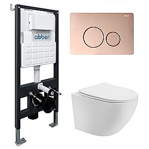 Унитаз подвесной Abber Bequem AC1100T-AC0105-AC0121RG белый, безободковый, с инсталляцией, с крышкой микролифт, слив-торнадо, с кнопкой золото матовое купить в интернет-магазине Sanbest