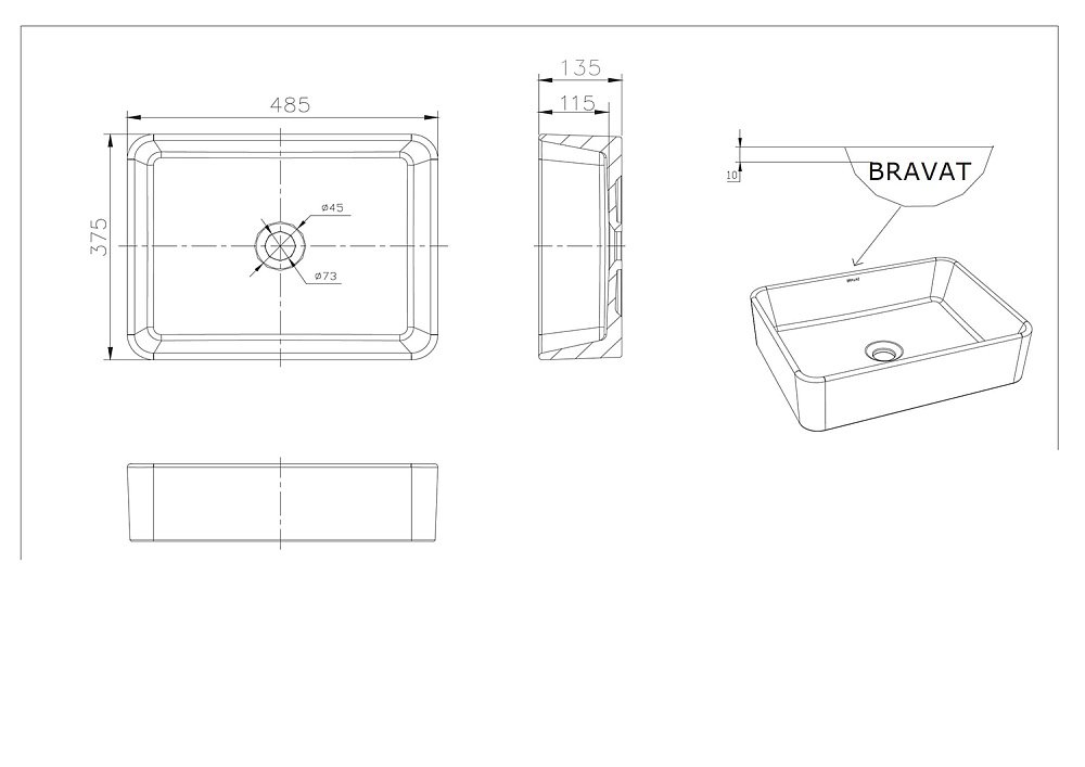 Раковина накладная Bravat Source 49 C22328W-ENG белая купить в интернет-магазине Sanbest