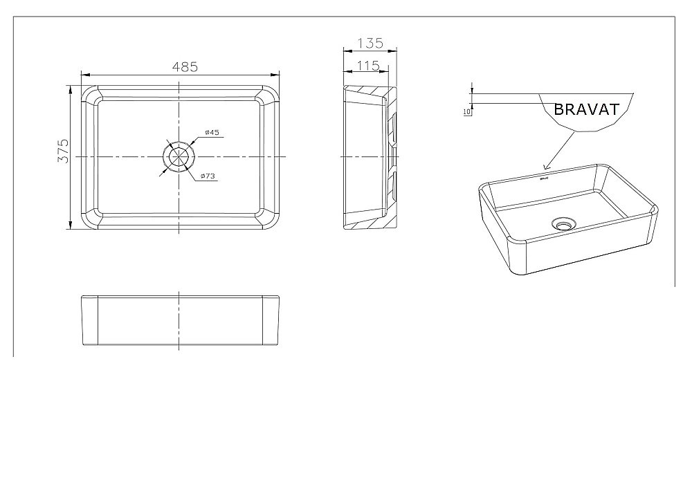 Раковина накладная Bravat Source 49 C22328W-ENG белая купить в интернет-магазине Sanbest