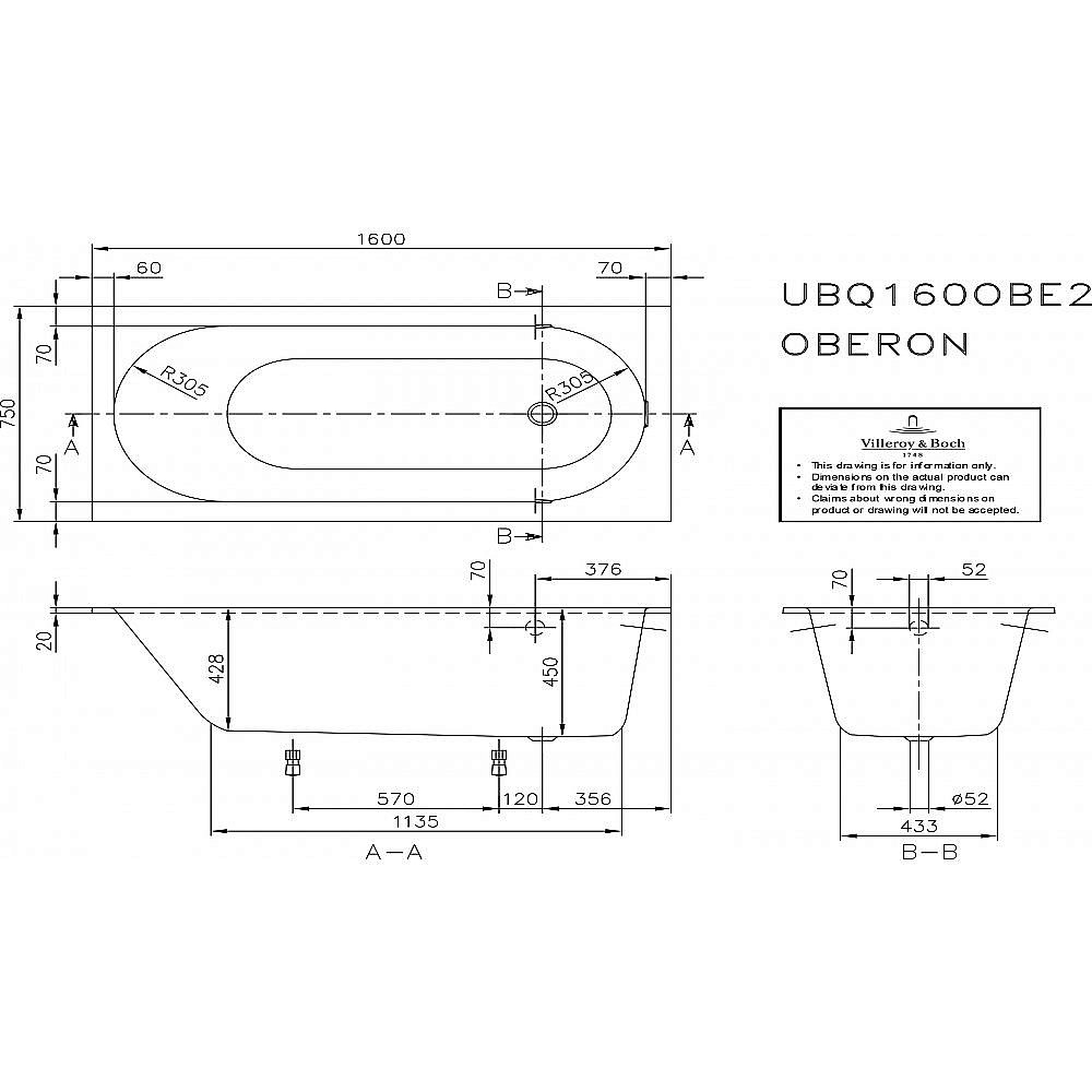 Ванна Villeroy&Boch Oberon UBQ160OBE2V-01 160x75 альпийский белый купить в интернет-магазине Sanbest